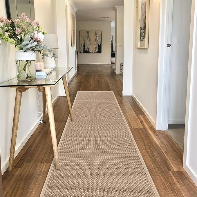 7ft Natural Jute Hallway Runner Rug Non Slip Washable, Rubber Backed Long Khaki Indoor Entryway Runner, Absorbent Kitchen Carpet Sink Rug