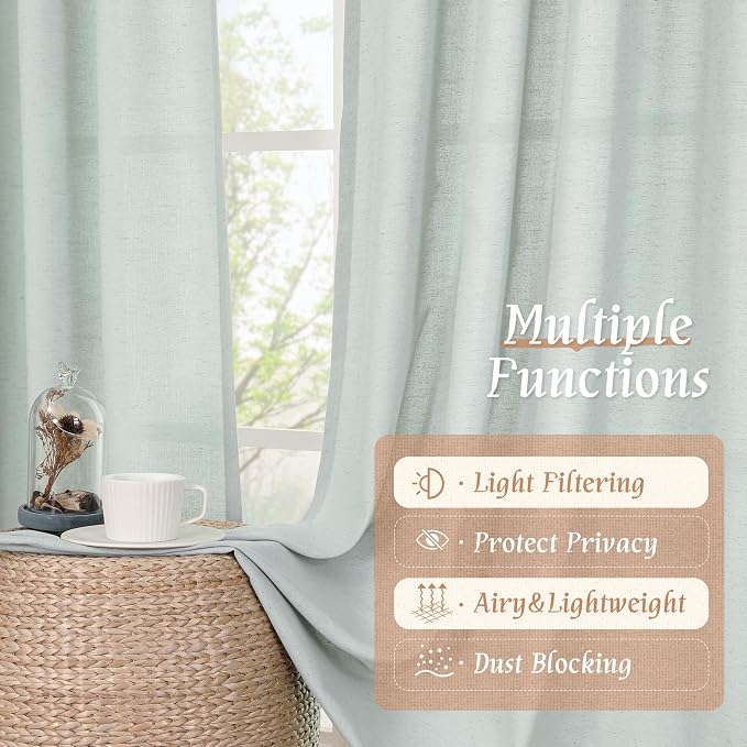 LAMIT Linen Blended Curtains 72 inch for Bedroom, Linen Textured Light Filtering Drapes Rod Pocket Boho Neutral Panels for Farmhouse/Living Room, 2 Panels, 52 x 72 Inch, Light Blue