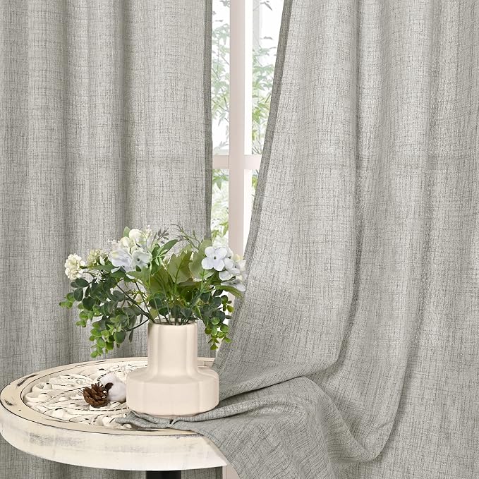 YoungsTex Light Grey Linen Curtains 40 Inch Length, Light Filtering Short Drapes with Bronze Grommet Privacy for Bathroom Kitchen Window, 42 x 40 Inch, 2 Panels