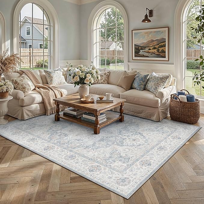 HUGEAR Blue 8x10 Washable Area Rugs Vintage Indoor Carpet | Living Room Rug,Bedroom,Dining Room,Office,Farmhouse,Non-Shedding,Non Slip,Low Pile,Soft