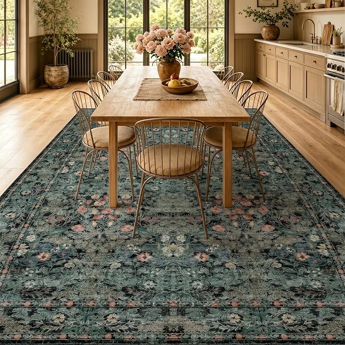 Farmhouse Dark Green Dining Room Rugs for Under Table - 6x9 Washable Cottagecore Distressed Low Pile Non Slip Flora Rug for Living Room, Bedroom, Nursery, Home Office - Soft Boho Moody Accent Mat
