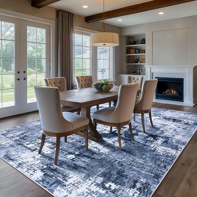 DMOYEST Area Rug Living Room Rugs - 9x12 Washable Large Soft Indoor Neutral Modern Abstract Low Pile Rug Carpet for Bedroom Dining Room Farmhouse Home Office - Navy Blue