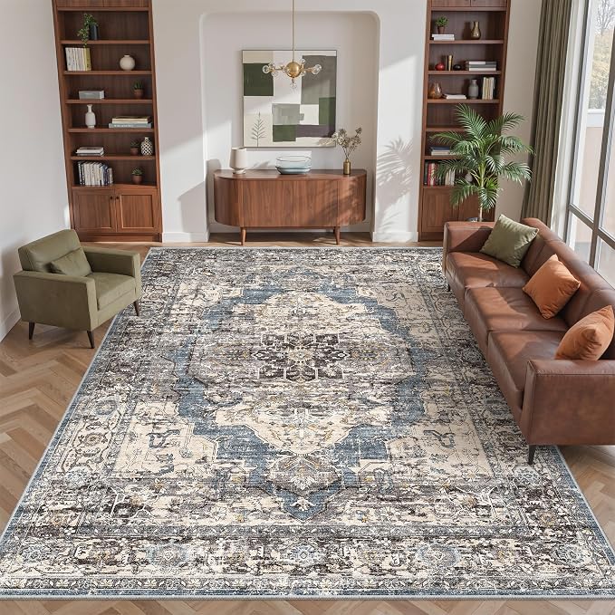 befbee 9x12 Area Rugs for Living Room,Ultra-Thin Washable Rug, Non-Slip Lightweight Foldable Area Rug, Stain Resistant Vintage Large Rugs(Blue/Black,9'x12')