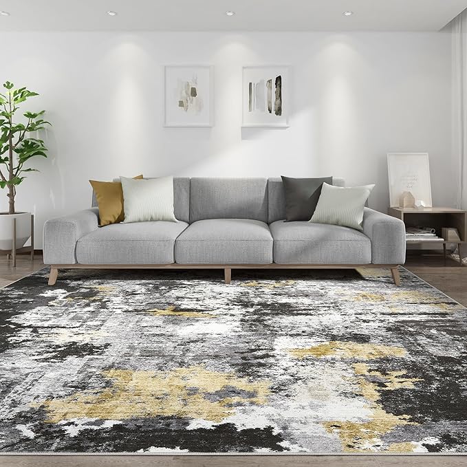 Abstract 7x9 Area Rug: Machine Washable Non Slip Ultra Thin Low-Pile Carpet, Soft Stain Resistant for Living Room Bedroom Nursery, Kid Pet Friendly, Robot Vacuum Compatible - Black Gold