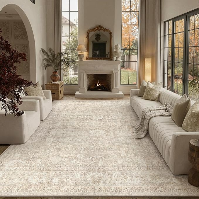 PureCozy 9x12 Beige Living Room Area Rug Vintage Washable Non Slip Indoor Carpet Distressed Low Pile Soft Retro Accent Throw Large Rug for Bedroom Dining Room Office