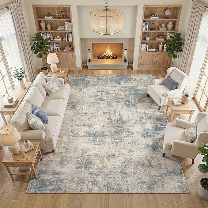 cotiled 10x12 Area Rug Abstract Soft Non Slip Washable Rugs for Living Room | Stain Resistant, Robot Vacuum & Pet Friendly, Low-pile, For Living Room, Bedroom, Dining Table, Nursery Light Blue