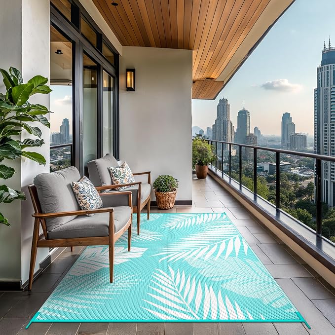 GENIMO Outdoor Rug, Waterproof Plastic Rugs for Patio, 6'x9' Navy White | Outside Larger Leaf Carpet Mat for Porch Decor, Deck, Balcony, Camping, RV, Backyard, Picnic, Beach, Reversible, Foldable