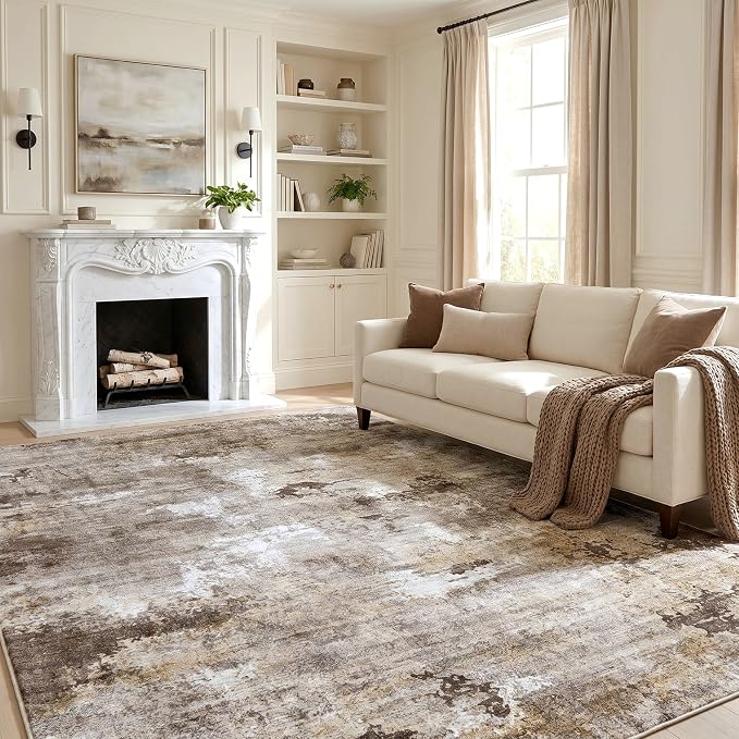 Washable Water Resistant Area Rug, Minimalist Wabi-Sabi Decor, 0.3" Low Pile, Non-Slip Cotton-Backed with Silicone Backing, for Living Room, 6'x9', Neutral Taupe
