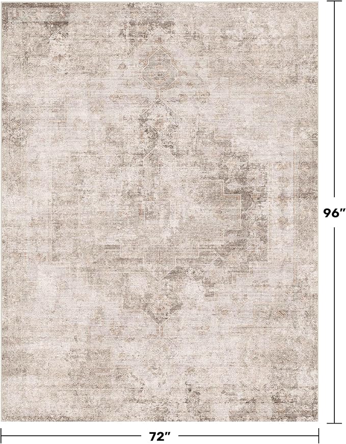 Hazo Haus Neutral Farmhouse Area Rug for Bedroom - 6x8 Washable Rug for Dining Room Table, Ultra-Thin Soft Textured Boho Indoor Decor, Fade & Stain Resistant