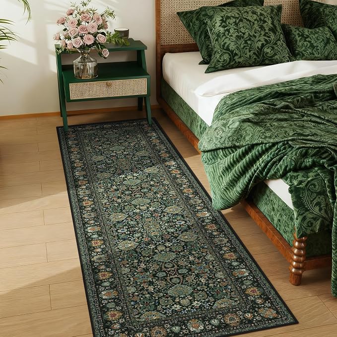 Runner Rugs 2x7 Boho Washable Area Rugs for Entryway Bathroom Kitchen, Long Rugs for Hallway Soft Low Pile Non-Slip Rubber Backing Oriental Dark Green