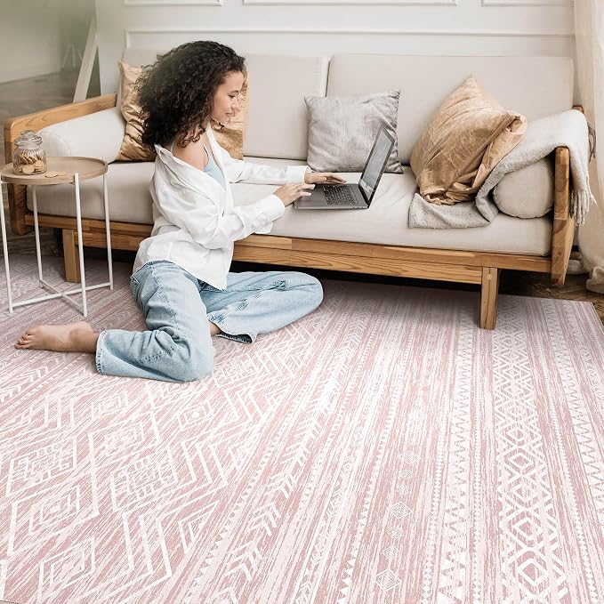 Tortania Area Rug Living Room Rugs- 8x12 Washable Large Soft Neutral Boho Moroccan Bohemian Farmhouse Rug Indoor Floor Carpet for Bedroom Under Dining Table Home Office Decor - Pink