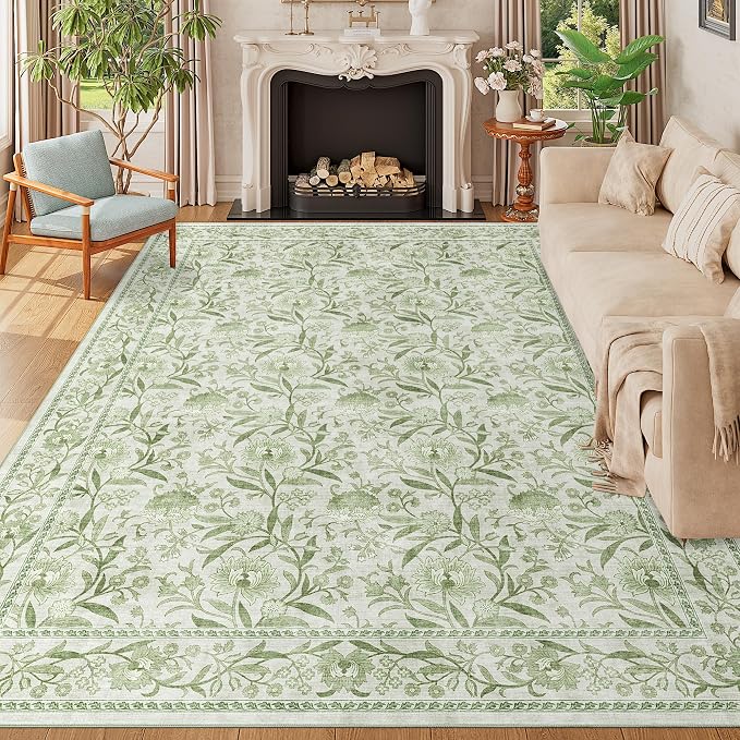 DUKINO 9x12 Area Rug for Living Room Vintage Floral Washable Rug Sage Green | Non Slip, Low Pile, Non-Shedding, Stain Resistant, Aesthetic Soft Indoor Large Carpet for Bedroom Dining Room Farmhouse