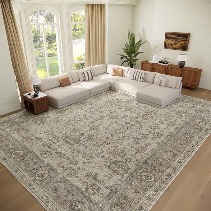 Boho Washable 10x14 Area Rugs for Living Room, Cushioned, Flaxen/Tan | Vintage Non-slip Neutral Oriental Rugs for Bedroom Dining Room Nursery Office High Traffic Area