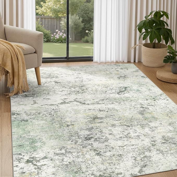 DMOYEST Area Rug Living Room Rugs - 5x7 Large Soft Indoor Neutral Modern Abstract Low Pile Washable Rug Carpet for Bedroom Dining Room Farmhouse Home Office - Green/Grey/Yellow