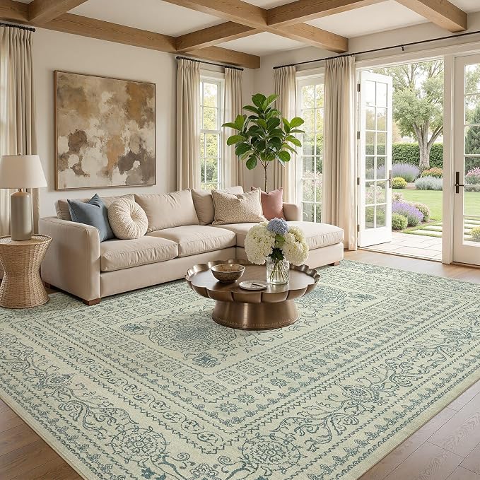Nakagishi 7x10 Area Rugs Living Room: Washable Large Vintage Rug Neutral Non-Slip Soft Stain Resistant Indoor Carpet for Bedroom Nursery Dining Room Office Playroom - Forest Green