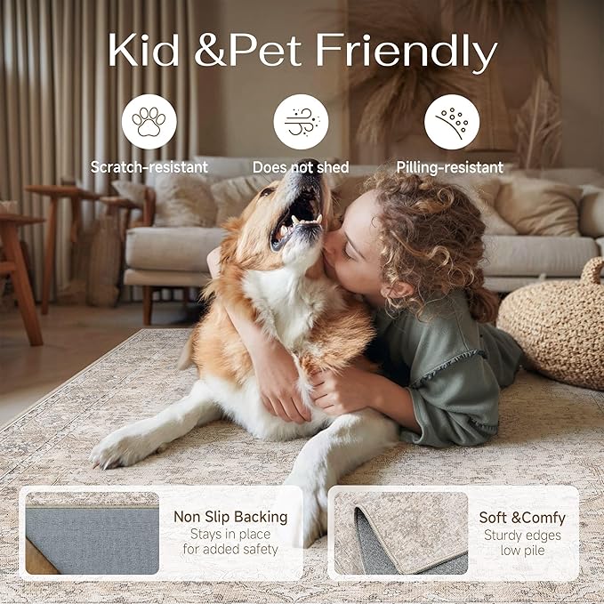 HUGEAR Beige Area Rugs 9x12 Washable Rug Indoor Carpet | Living Room Rug,Vintage Rug,Bedroom,Dining Room,Office,Farmhouse,Non-Shedding,Non Slip,Low Pile,Soft