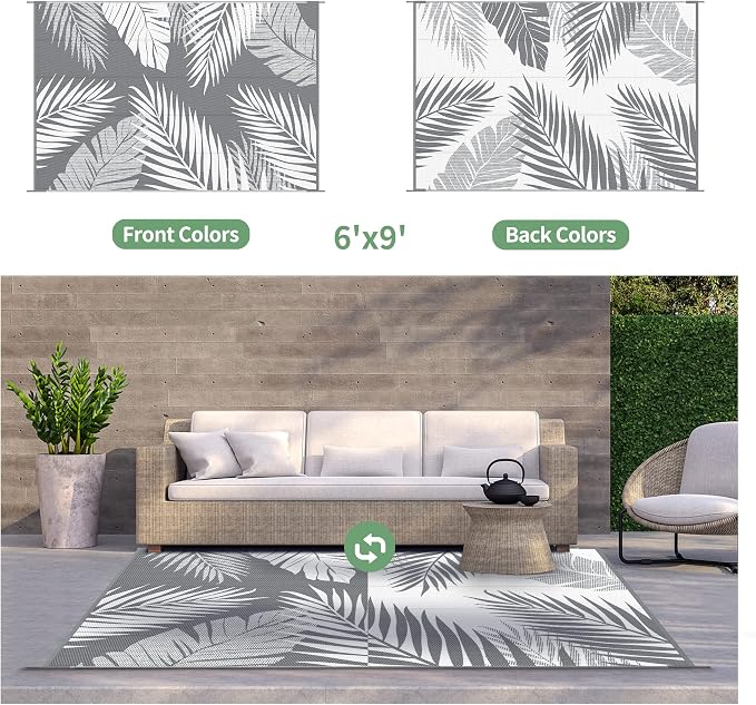 GENIMO Outdoor Rug, Waterproof Plastic Rugs for Patio, 6'x9' Grey White | Outside Larger Leaf Carpet Mat for Porch Decor, Deck, Balcony, Camping, RV, Backyard, Picnic, Beach, Reversible, Foldable