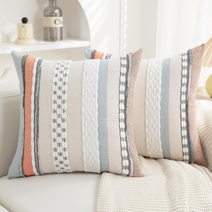 Boho Pillow Covers 18x18 Set of 2 for Couch-Modern Farmhouse Sofa Decorative Throw Pillow Covers Textured Chenille Cushion Covers Outdoor Netural Bohemian Pillow Cases Square