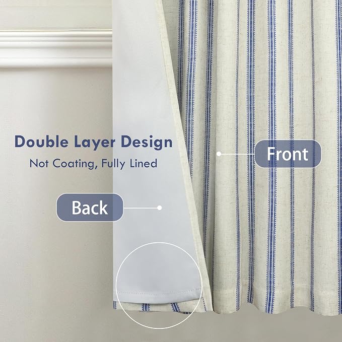 DriftAway Farmhouse Stripe Blackout Curtains, W52xL63, Navy | Blackout, Linen Texture, Stripe Pattern, Rod Pocket & Back Tab, Two Layers, Bedroom Living Room Use, Sound Reducing Design