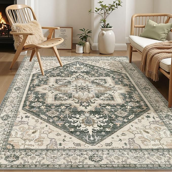 Area Rug for Living Room - 5x7 Washable Oriental Vintage Floral Large Soft Carpet - Fade Stain Resistant Non Slip Rugs for Bedroom Dining Room Nursery Dorm Office Home Decor - Vintage Green