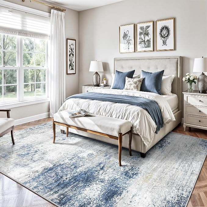 5x7 Area Rugs, Abstract Modern Ultra Soft Washable Rug, Non Slip Carpet with Rubber Back Stain Resistance Rugs for Living Room, Bedroom, Dining Room Decor(Blue & White)