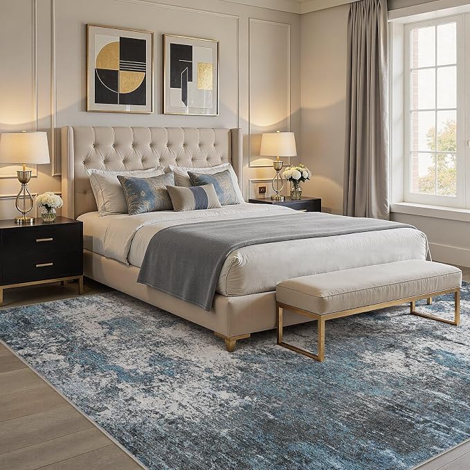 DMOYEST Area Rug Living Room Rugs - 10x12 Large Soft Indoor Neutral Modern Abstract Low Pile Washable Rug Carpet for Bedroom Dining Room Farmhouse Home Office - Grey Blue