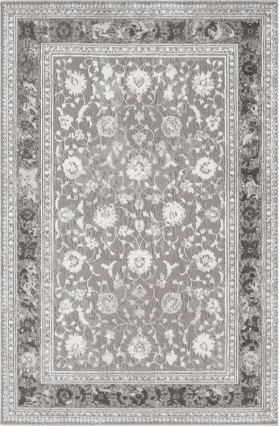Amber Traditional Floral Area Rug for Living Room, 4x6 Vintage Persian-Inspired Gray Rug, Medium Pile Stain Resistant Carpet for Bedroom, Dining Room or Kitchen (4' x 6', Gray)