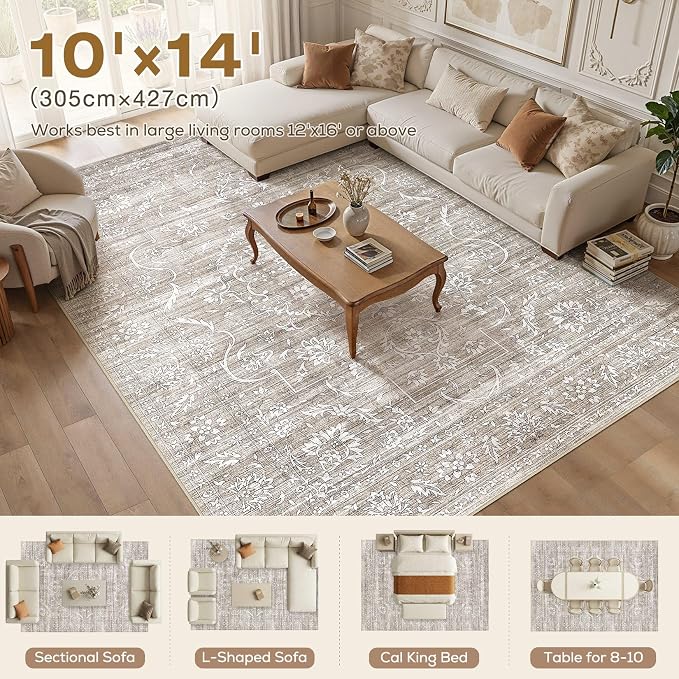 Nakagishi 10x14 Area Rugs Living Room: Washable Large Vintage Rug Neutral Non-Slip Soft Stain Resistant Indoor Carpet for Bedroom Nursery Dining Room Office Playroom - Light Brown