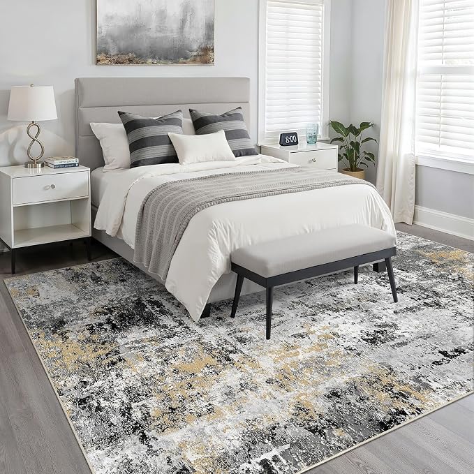 10x14 Area Rugs Living Room: Washable Large Abstract Neutral Modern Soft Rug Stain Resistant Indoor Floor Non-Slip Accent Carpet for Bedroom Nursery Playroom Dining Room Office Dorm Home- Black Gold