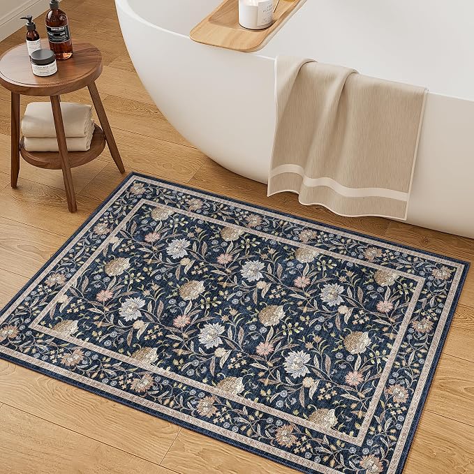 DUKINO 2x3 Rug, Washable Vintage Floral Bathroom Rugs Non Slip, Navy Blue | Low Pile, Stain Resistant Boho Soft Indoor Door Mat, Small Front Door Carpet for Entryway Kitchen Laundry Bedroom Farmhouse