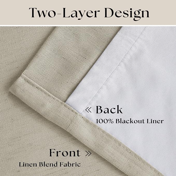 Oatmeal Beige Pinch Pleated 100% Blackout Linen Bedroom 96 Inch Curtains | Double Layer for Black Out Room Darkening, Pinch Pleat Rings Hooks Back Tab, Memory Shape Trained, for Living Room, 2 Panels