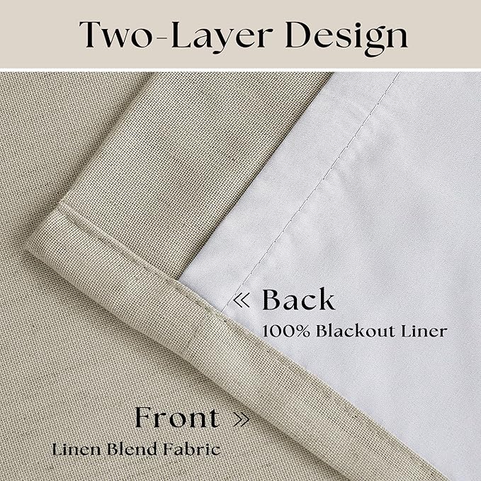 Oatmeal Blackout Pinch Pleat Linen Curtains 105 Inches Long for Bedroom | 100% Black Out Curtains Lined 2 Layers, Memory Shape, Noise Reducing, Room Darkening, for Living Room Window, 40x105 2 Panels