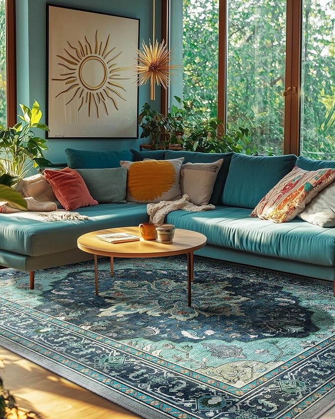 RELEANY Area Rugs 6'x9' Washable Non-Slip, Floral Vintage Distress Medallion Carpet for Living Room Bedroom Dining Room, Teal Green Lake Blue Turquoise