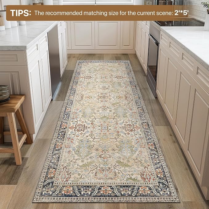 Bavni Bedroom Rug Runners for Hallways, Washable Runner Rug 2x10, Low Pile Non-Slip Indoor Throw Carpet for Bedroom Laundry Room, Ivory/Teal
