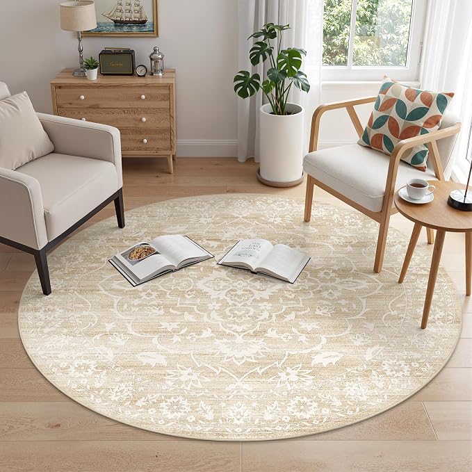 Soalmost Washable Round Rug 5ft for Living Room, Soft Circle Area Rug Beige | Vintage Floral Ultra-Thin Non-Slip Rugs, 5x5 Round Throw Carpet for Entryway Nursery Bedroom Kitchen Dining Room 5'Round