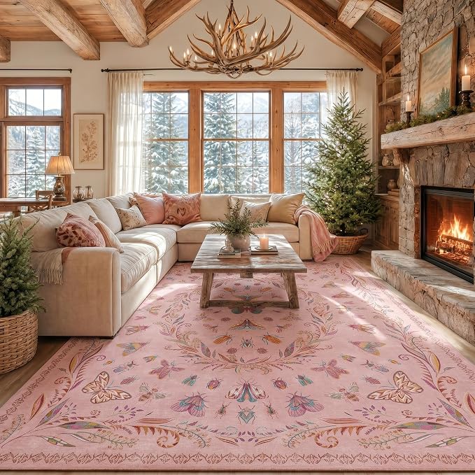Lunasun Insect Pink Rug for Living Room - 9x12 Cute Rugs for Bedroom, Moth Floral Boho Design, Low Pile Stain Resistant Washable, Perfect for High Traffic Area