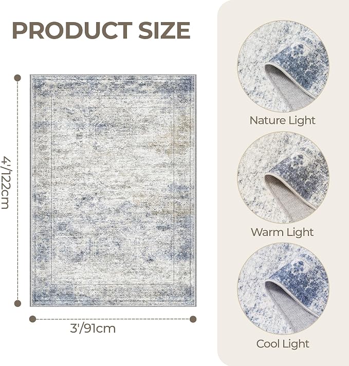 3x4 Rugs for Entryway,Washable Area Rug,Blue | Small Rug for Kitchen,Hallway,Bedroom,Bathroom,Thin,Soft, Neutral Rug,Stain Resistant Indoor Carpet,Non Slip