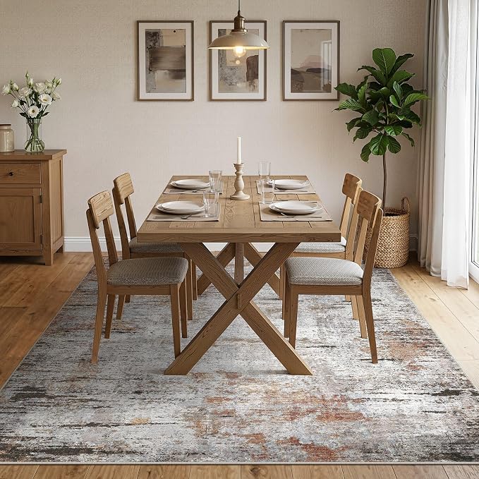DMOYEST Area Rug Living Room Rugs - 8x10 Large Soft Indoor Neutral Modern Abstract Low Pile Washable Rug Carpet for Bedroom Dining Room Farmhouse Home Office - Grey Rust