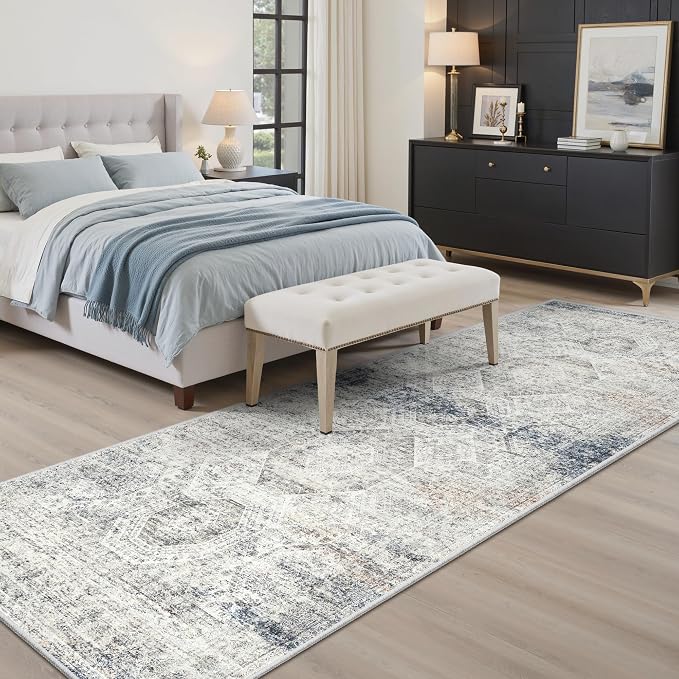 Soalmost Washable Runner Rug, 2'6" x 8' Non-Slip Kitchen Vintage Foldable 2.5x8ft Hallway Runners for Entryway, Laundry, Bedroom, Blue Ivory