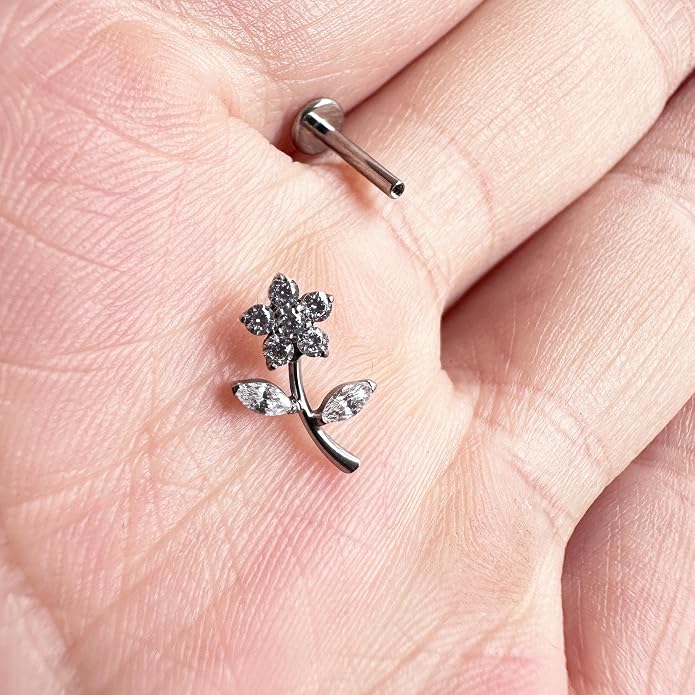 16G Titanium Conch Earrings Clear CZ Flower Helix Piercing Jewelry with Internally Threaded Flat Back Earring Cartilage Studs Tragus Jewelry for Women