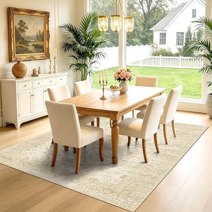 Beige Washable Rug 5x7,Non-Slip Neutral Vintage Boho Carpet Thin | Nursery Area Rug for Bedroom, Living Room and Dining Room, Low Pile with Non-Slip Silicone Backing, Non-Shedding