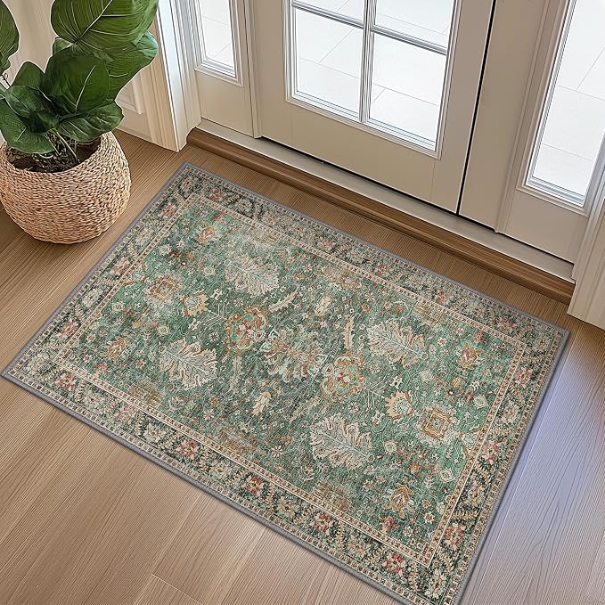 Bavni Entryway Rug, 2x3 Washable Rug Ultra-Thin Low Pile, Non-Slip Small Rugs Indoor for Front Door Entrance Bathroom, Vintage Print Carpet Soft Stain Resistance, Sage/Gold
