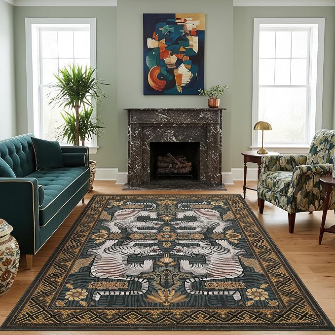GarveeHome Large Tibetan Tiger Area Rugs 9x12 for Living Room, Boho Tribal Blue Washable Rug Soft Non Slip Vintage Mat Indoor Carpet for Bedroom Dining Room Playroom Nursery Decor