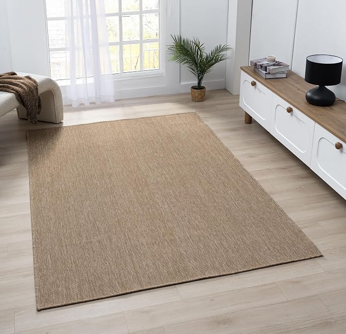 Angela Easy Jute Indoor Outdoor Rug, 8x10 Neutral Solid Jute Look, Polyester, Durable, Easy Care Outdoor Farmhouse Carpet for Patio, Porch, Living Room (8' x 10', Natural)