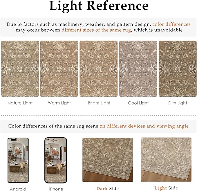 PureCozy 5x7 Area Rug Brown Washable Vintage Carpet Living Room Bedroom Non Slip Stain Soft Resistant Low Pile Thin Boho Accent Indoor Throw Rug for Dining Room Office