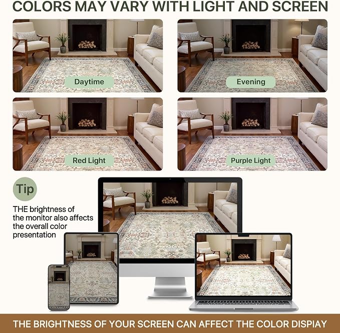 Bavni Area Rugs 9x12 Living Room Clearance Washable Large Carpet for Bedroom Non-Slip, Ultra Thin Low Pile Modern Printed Decorative Rug for Dinning Room Office, Ivory/Teal