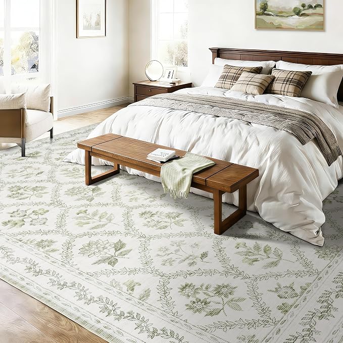 Sage Green Rugs 8x10 for Living Room Boho Washable Rugs Large Floral Floor Covering for Bedroom, 8 x 10 Soft Green Dining Room, Non Slip Farmhouse Floor Carpet for Kids Playroom Dorm