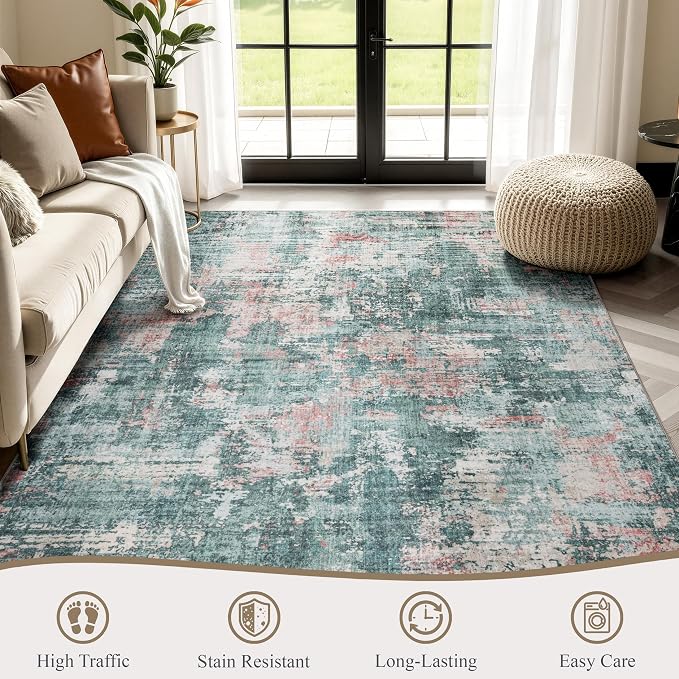Sasttie 4x6 Soft Area Rug for Living Room, Modern Abstract Washable Carpet for Bedroom, with Non-Slip Backing, Pink and Green