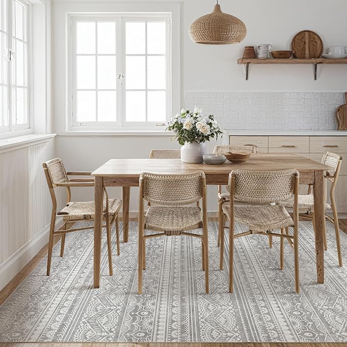 Tortania Area Rug Living Room Rugs - 8x10 Washable Large Soft Neutral Boho Moroccan Bohemian Farmhouse Rug Indoor Floor Carpet for Bedroom Under Dining Table Home Office Decor - Neutral Grey
