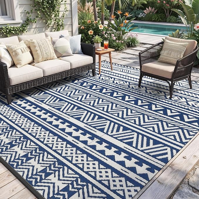 MontVoo Outdoor Rug Carpet Waterproof 6x9 Outdoor Patio Rug Mat Reverisble Plastic Straw Outdoor Rug for RV Camping Picnic Beach Balcony Boho Navy Blue